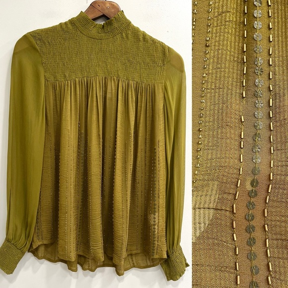 Blank London Tops - Anthropologie Blank London green beaded sequined mock neck blouse smocked XS